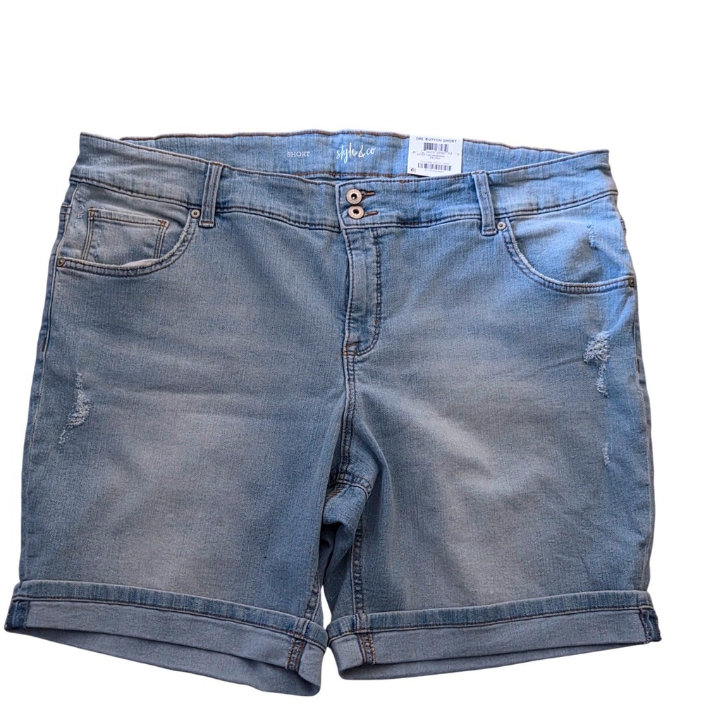 Style & Co Plus Womens 18W Bermuda Shorts Blue Delray Mid Rise Dbl Button New